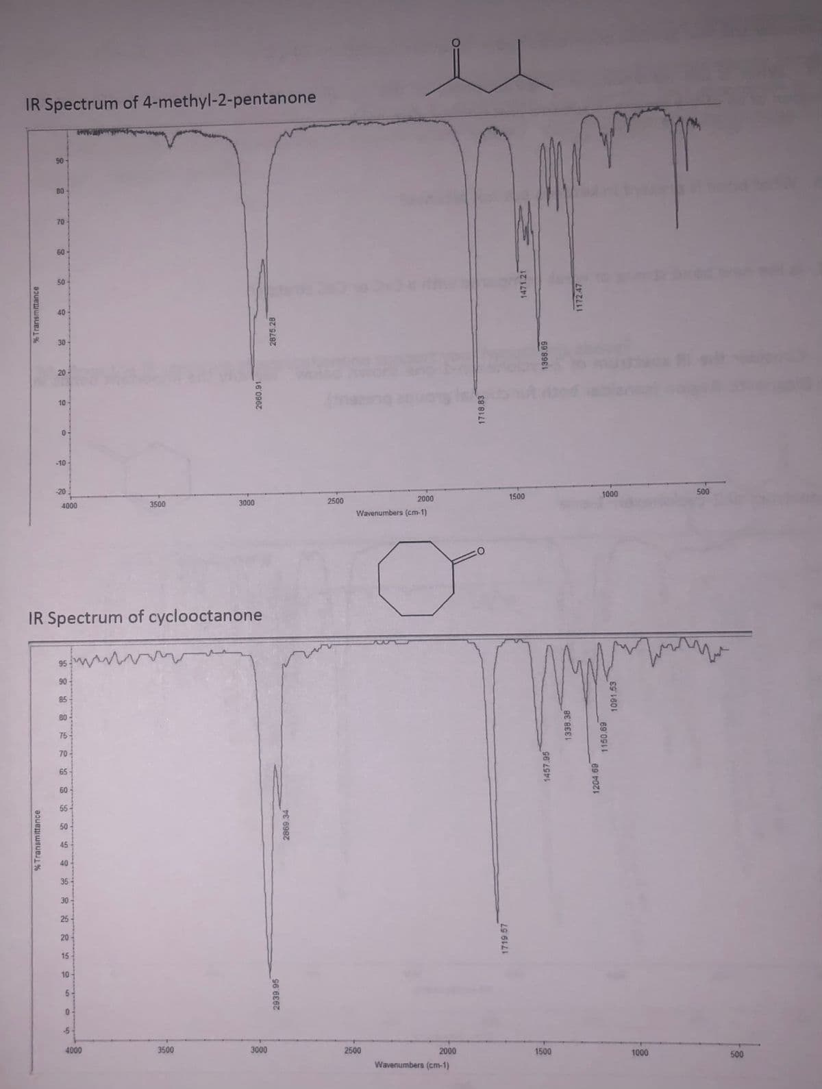 IR Spectrum of 4-methyl-2-pentanone
90 -
80
70
60
50
40
30
20-
10
0-
-10 -
-20
4000
3500
3000
2500
2000
1500
1000
500
Wavenumbers (cm-1)
IR Spectrum of cyclooctanone
95
90
85
80
75
70
65
60
55
50
45
35
30
25
20
15
10
-5
4000
3500
3000
2500
2000
1500
1000
500
Wavenumbers (cm-1)
% Transmittance
%Transmittance
5,
40
2939.95
2960.91
2869.34
2875.28
1718.83
1719 57
1471.21
1457.95
1368.69
1338.38
1172.47
1204.69
69 0
1091.53
