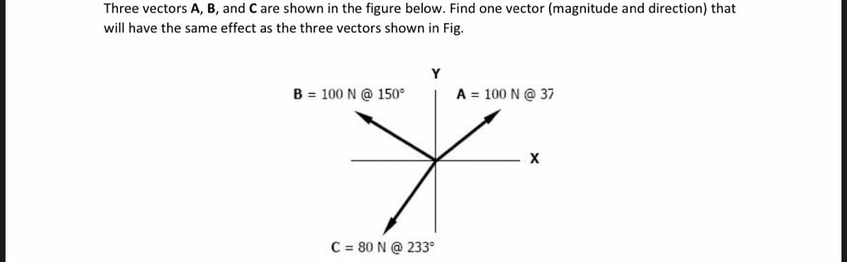 Three vectors A, B, and C are shown in the figure below. Find one vector (magnitude and direction) that
will have the same effect as the three vectors shown in Fig.
Y
B = 100 N @ 150°
A = 100 N@ 37
C = 80 N @ 233°
