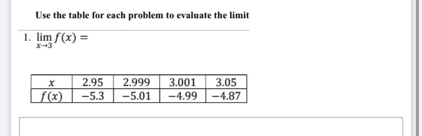 Use the table for each problem to evaluate the limit
1. lim f(x) =
x→3
2.95
2.999
3.001
3.05
f (x)
-5.3
-5.01
-4.99
-4.87
