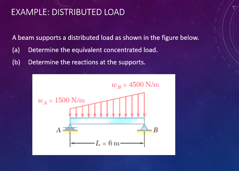 EXAMPLE: DISTRIBUTED LOAD
A beam supports a distributed load as shown in the figure below.
(a)
Determine the equivalent concentrated load.
(b) Determine the reactions at the supports.
Wy = 4500 N/m
WA = 1500 N/m
A
B
-L = 6 m-
180
00z 061

