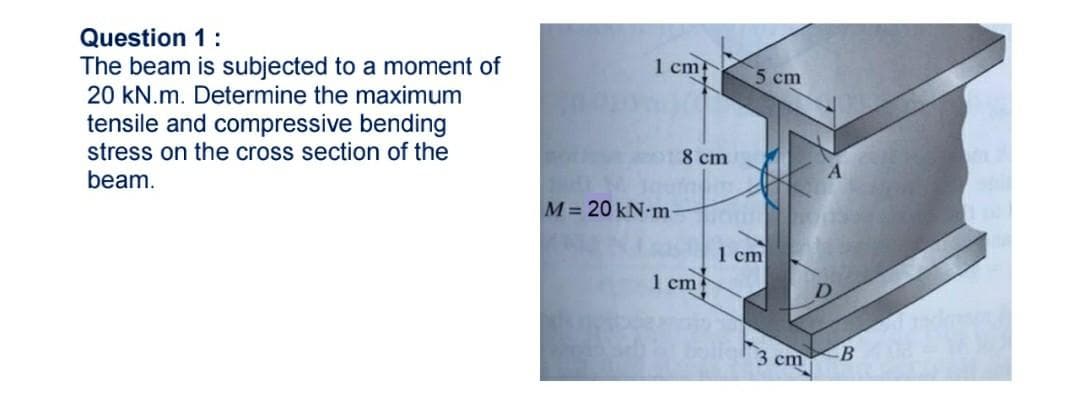 Question 1:
The beam is subjected to a moment of
20 kN.m. Determine the maximum
1 cm
5 cm
tensile and compressive bending
stress on the cross section of the
8 cm
beam.
M= 20 kN-m-
1 сm
1 сm
3 cm
