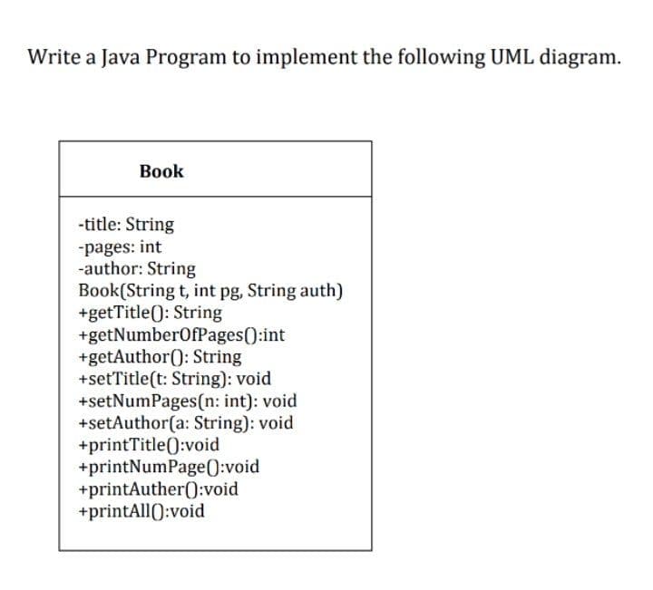 Write a Java Program to implement the following UML diagram.
Вook
-title: String
-pages: int
-author: String
Book(String t, int pg, String auth)
+getTitle(): String
+getNumberOfPages():int
+getAuthor(): String
+setTitle(t: String): void
+setNumPages(n: int): void
+setAuthor(a: String): void
+printTitle():void
+printNumPage(0:void
+printAuther():void
+printAll(0:void
