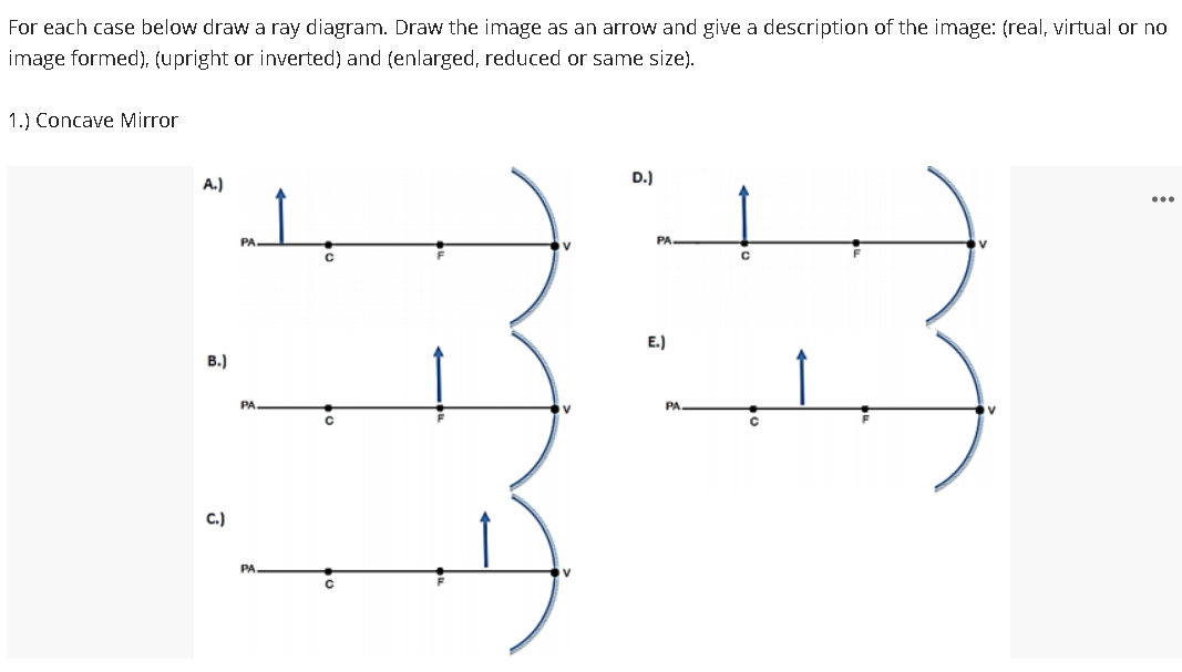 For each case below draw a ray diagram. Draw the image as an arrow and give a description of the image: (real, virtual or no
image formed), (upright or inverted) and (enlarged, reduced or same size).
1.) Concave Mirror
A.)
D.)
...
PA.
PA
E.)
B.)
PA
PA
33
C.)