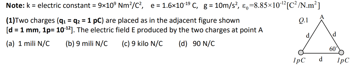 Note: k = electric constant = 9×10⁹ Nm²/C², e = 1.6×10-¹9 C, g=10m/s², &=8.85×10-¹² [C² /N.m²]
(1)Two charges (q₁ = q2 = 1 pC) are placed as in the adjacent figure shown
Q.1
[d = 1 mm, 1p= 10-¹²]. The electric field E produced by the two charges at point A
(a) 1 mili N/C
(b) 9 mili N/C
(c) 9 kilo N/C
(d) 90 N/C
1pC
d
60%
1pC