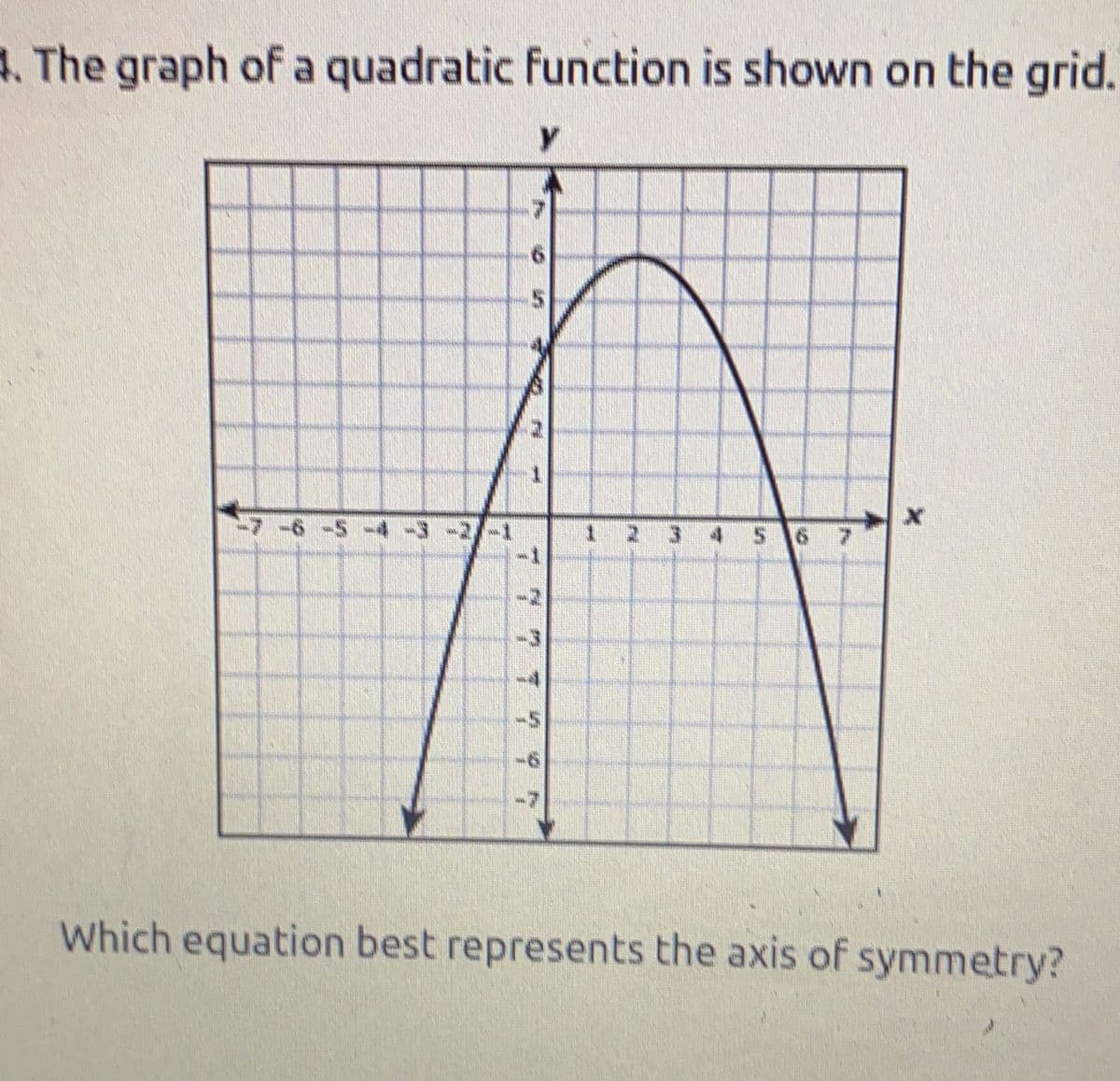 4. The graph of a quadratic function is shown on the grid.
Y
X
1
7
Which equation best represents the axis of symmetry?
7