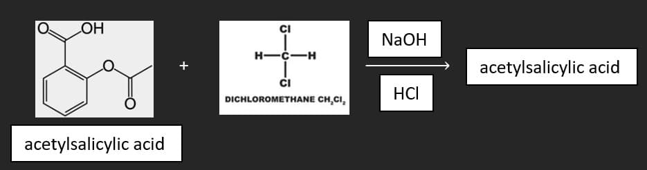 CI
HO
NaOH
H-C-H
acetylsalicylic acid
+
HCI
DICHLOROMETHANE CH,CI,
acetylsalicylic acid
