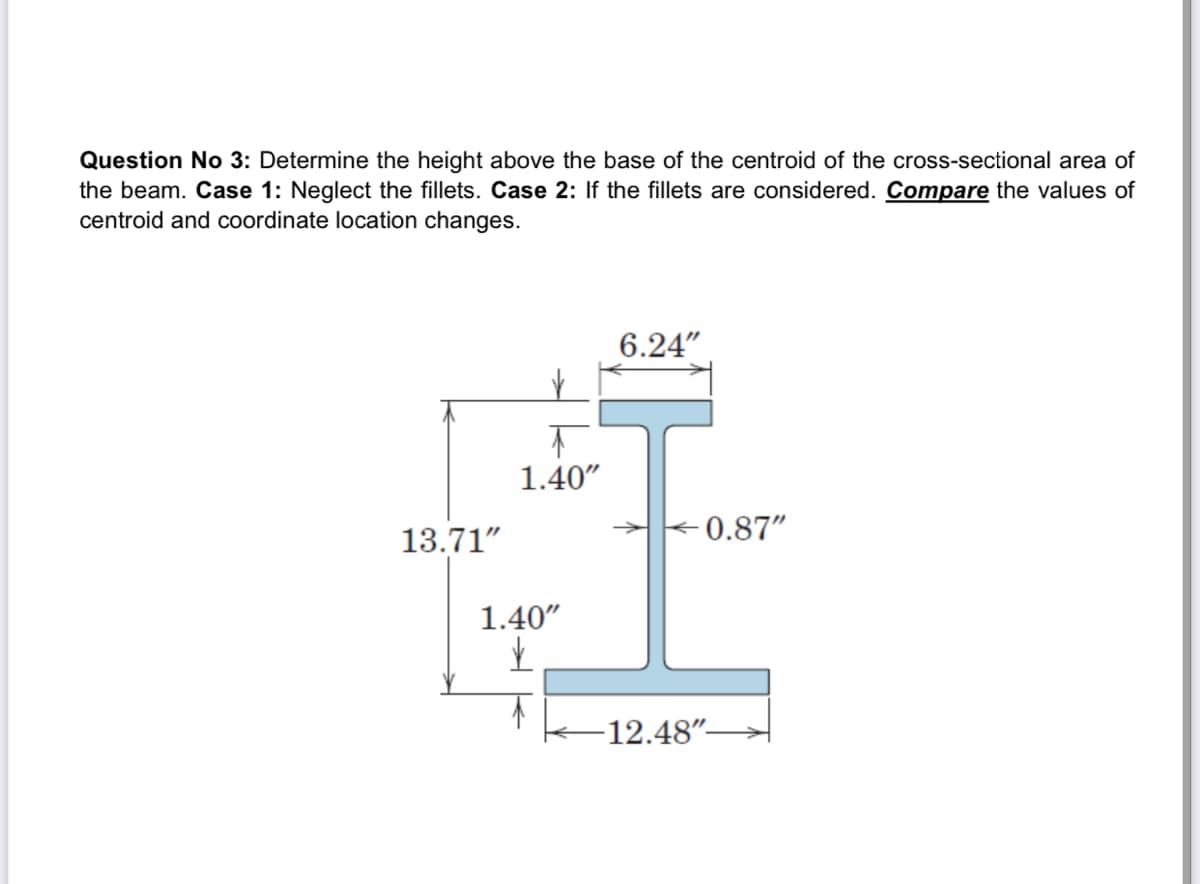 Question No 3: Determine the height above the base of the centroid of the cross-sectional area of
the beam. Case 1: Neglect the fillets. Case 2: If the fillets are considered. Compare the values of
centroid and coordinate location changes.
6.24"
1.40"
13.71"
- 0.87"
1.40"
-12.48"-
