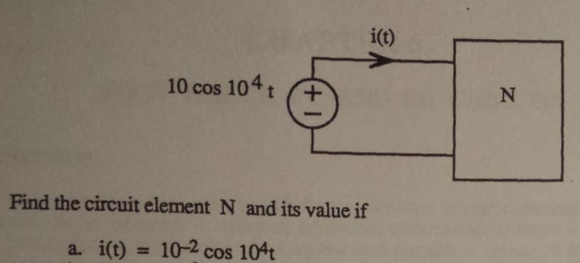 i(t)
10 cos 104t
Find the circuit element N and its value if
a. i(t) = 10-2 cos 104t
%3D
1+
