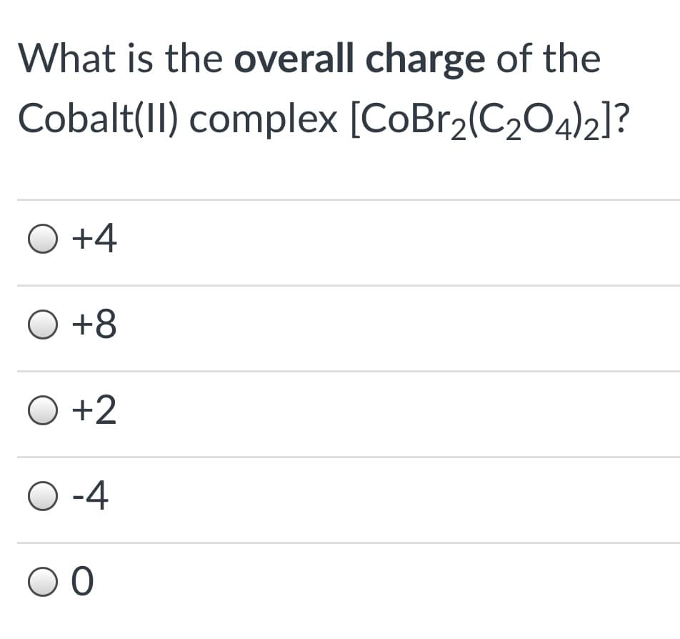 What is the overall charge of the
Cobalt(II) complex [CoBr2(C204)2]?
O +4
O +8
O +2
O -4
