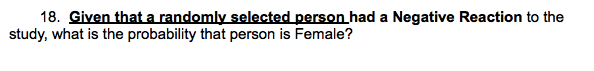 18. Given thata randomly selected person had a Negative Reaction to the
study, what is the probability that person is Female?
