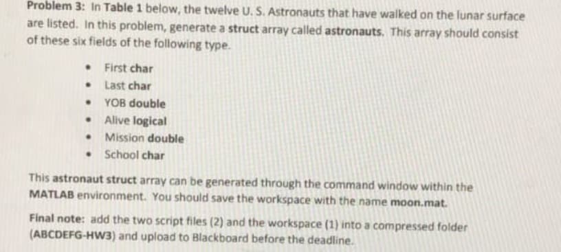 Problem 3: In Table 1 below, the twelve U. S. Astronauts that have walked on the lunar surface
are listed. In this problem, generate a struct array called astronauts. This array should consist
of these six fields of the following type.
• First char
Last char
• YOB double
• Alive logical
Mission double
• School char
This astronaut struct array can be generated through the command window within the
MATLAB environment. You should save the workspace with the name moon.mat.
Final note: add the two script files (2) and the workspace (1) into a compressed folder
(ABCDEFG-HW3) and upload to Blackboard before the deadline.
