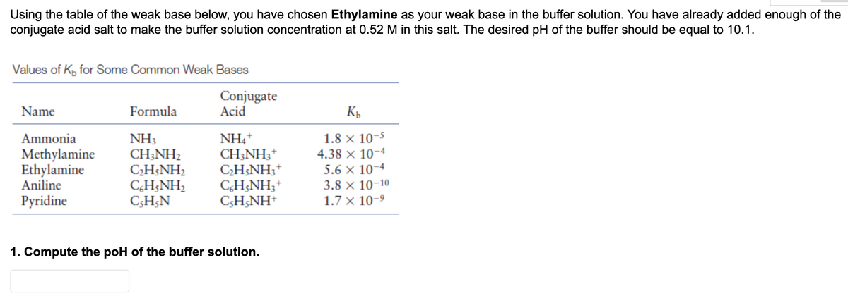 Using the table of the weak base below, you have chosen Ethylamine as your weak base in the buffer solution. You have already added enough of the
conjugate acid salt to make the buffer solution concentration at 0.52 M in this salt. The desired pH of the buffer should be equal to 10.1.
Values of K, for Some Common Weak Bases
Conjugate
Acid
Name
Formula
Kb
1.8 x 10-5
Ammonia
Methylamine
NH3
CH3NH2
NH4+
CH3NH3 +
4.38 x 10-4
C₂H5NH₂
C₂H5NH3+
5.6 x 10-4
Ethylamine
Aniline
CH;NH,
C6H5NH3 +
3.8 × 10-10
Pyridine
C,H,N
CH;NH*
1.7 × 10-⁹
1. Compute the poH of the buffer solution.