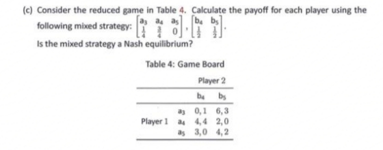 (c) Consider the reduced game in Table 4. Calculate the payoff for each player using the
[a, a as] [b. b]
following mixed strategy:
Is the mixed strategy a Nash equilibrium?
Table 4: Game Board
Player 2
be bs
as 0,1 6,3
Player 1 a4 4, 4 2,0
as 3,0 4,2
