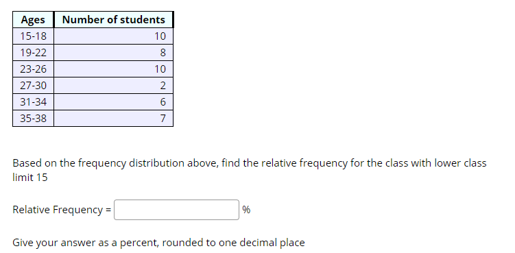 Ages | Number of students
15-18
10
19-22
8
23-26
10
27-30
31-34
35-38
7
Based on the frequency distribution above, find the relative frequency for the class with lower class
limit 15
Relative Frequency =|
%
Give your answer as a percent, rounded to one decimal place
2.
6.
