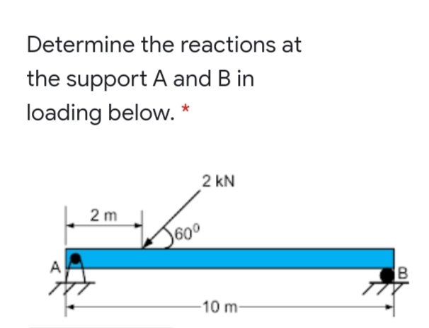 Determine the reactions at
the support A and B in
loading below. *
2 kN
2 m
-10 m-
