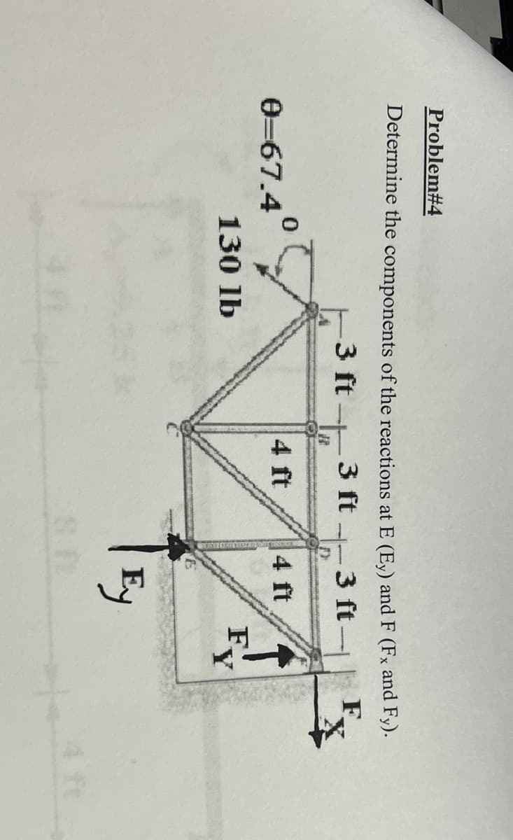 Problem#4
Determine the components of the reactions at E (Ey) and F (Fx and Fy).
3 ft
3 ft
3 ft
F.
e-67.4
4 ft
4 ft
130 lb
F.
Y
Ey
4 ft
