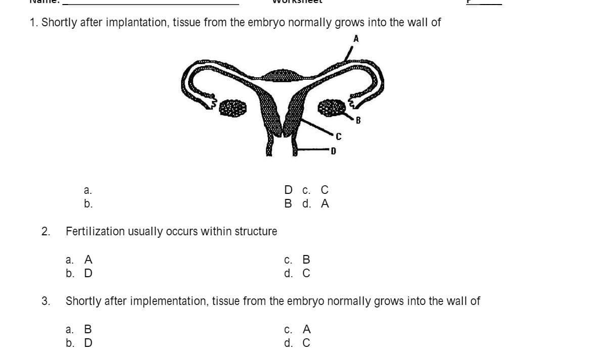 1. Shortly after implantation, tissue from the embryo normally grows into the wall of
A
C
D C. C
B d. A
a.
b.
Fertilization usually occurs within structure
а. А
b. D
С. В
d. C
3.
Shortly after implementation, tissue from the embryo normally grows into the wall of
C. A
d. C
а. В
b. D
2.
