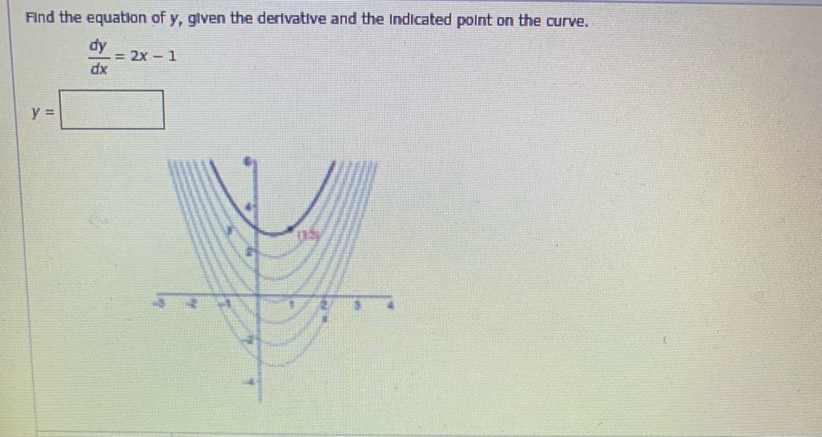Find the equation of y, glven the derlvative and the Indicated polnt on the curve.
dy
= 2x-1
dx
y%3D
