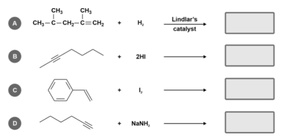 CH3
CH,
Lindlar's
CH,-C-CH2-Č=CH2
+ H,
catalyst
B
2HI
D
+
NANH,
