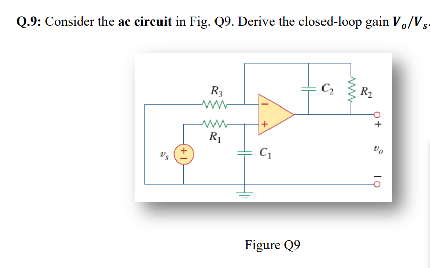 Q.9: Consider the ac circuit in Fig. Q9. Derive the closed-loop gain Vo/Vs-
Vs
R3
ww
www
R₁
+
C₁
Figure Q9
C₂
www.
R₂
Vo
lo