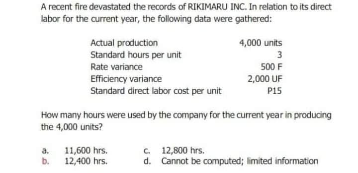 A recent fire devastated the records of RIKIMARU INC. In relation to its direct
labor for the current year, the following data were gathered:
Actual production
Standard hours per unit
4,000 units
3
Rate variance
500 F
Efficiency variance
Standard direct labor cost per unit
2,000 UF
P15
How many hours were used by the company for the current year in producing
the 4,000 units?
c. 12,800 hrs.
d. Cannot be computed; limited information
a.
11,600 hrs.
b.
12,400 hrs.
