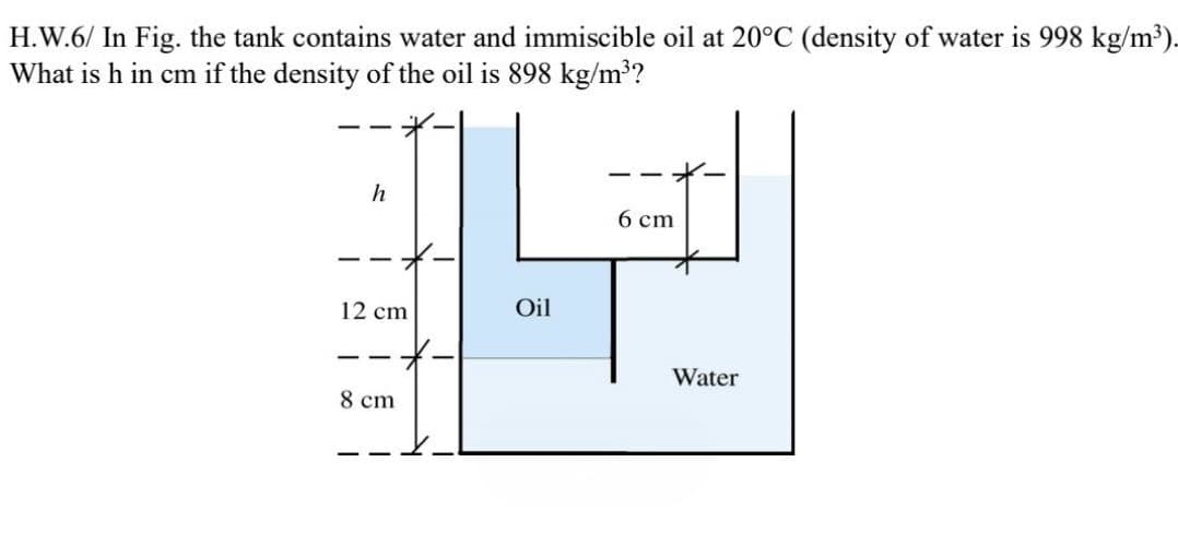 H.W.6/ In Fig. the tank contains water and immiscible oil at 20°C (density of water is 998 kg/m³).
What is h in cm if the density of the oil is 898 kg/m³?
h
6 cm
--*-
12 cm
Oil
Water
8 cm
