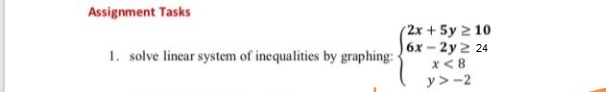 (2x + 5y 2 10
6x – 2y 2 24
x< 8
solve linear system of inequalities by graphing:
y> -2
