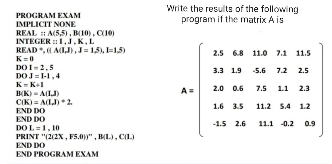 Write the results of the following
program if the matrix A is
PROGRAM EXAM
IMPLICIT NONE
REAL :: A(5,5), B(10), C(10)
INTEGER :: I ,J,K,L
READ *, (( A(I,J),J = 1,5), I=1,5)
K = 0
DO I = 2 ,5
DO J = I-1,4
K = K+1
2.5
6.8
11.0
7.1
11.5
3.3 1.9
-5.6
7.2
2.5
A =
2.0
0.6
7.5
1.1
2.3
B(K) = A(I,J)
C(K) = A(I,J) * 2.
END DO
1.6
3.5
11.2
5.4
1.2
END DO
-1.5
2.6
11.1 -0.2
0.9
DO L = 1, 10
PRINT "(2(2X , F5.0))" , B(L) , C(L)
END DO
END PROGRAM EXAM

