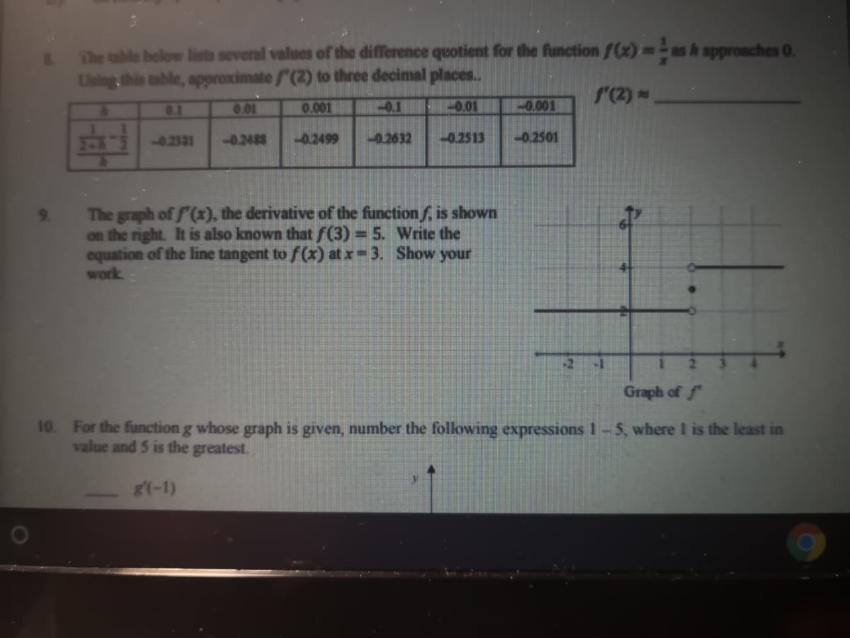 &The sable below lists several values of the difference quotient for the function f(x)=as h approaches 0.
Uning this table, approximate /"(2) to three decimal places..
r2) =
0.1
0.01
0.001
-0.1
-0.01
-0.001
52331
12488
0.2499
-0.2632
0.2513
-0.2501
The graph of f'(x), the derivative of the functionf, is shown
on the right. It is also known that f(3) = 5. Write the
equation of the line tangent to f(x) at x- 3. Show your
work
%3D
-2
Graph of f
10. For the function g whose graph is given, number the following expressions I - S, where I is the least in
value and 5 is the greatest.
g(-1)
