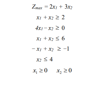 Zmax = 2x1 + 3x2
XI +x2 2 2
4x1- x2 2 0
x¡ +x2 < 6
- x1 +x2 2 -1
x2 < 4
x, 20
X, 2 0
