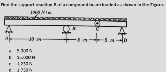 Find the support reaction B of a compound beam loaded as shown in the Figure.
1000 N/m
ts.
-10 :m·
5 m
-5 :m
а. 5,000 N
b. 15,000 N
C.
1,250 N
d. 1,750 N
