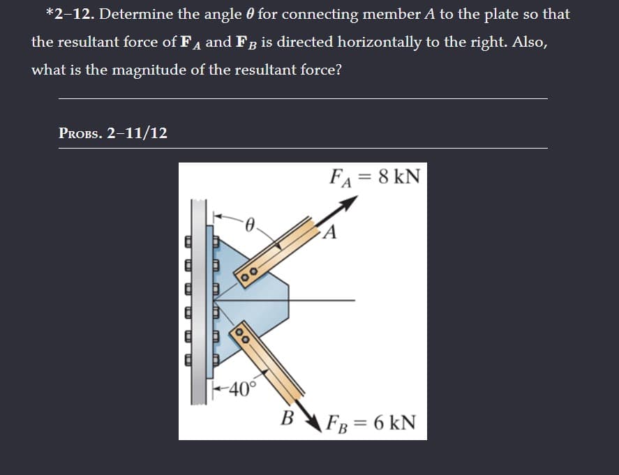 *2-12. Determine the angle for connecting member A to the plate so that
the resultant force of FA and FÅ is directed horizontally to the right. Also,
what is the magnitude of the resultant force?
PROBS. 2-11/12
m IM
TOP NO
00-
-40°
B
FA = 8 KN
A
FB = 6 kN