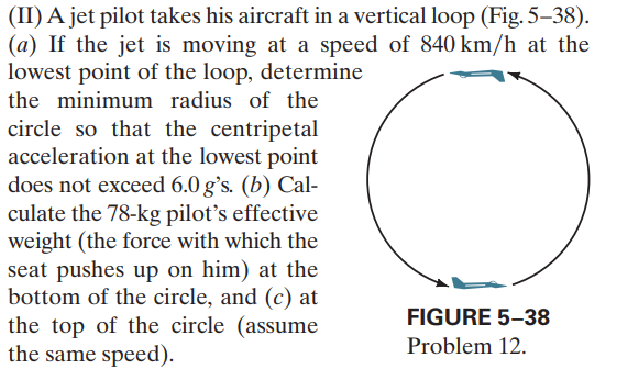 (II) A jet pilot takes his aircraft in a vertical loop (Fig. 5–38).
(a) If the jet is moving at a speed of 840 km/h at the
lowest point of the loop, determine
the minimum radius of the
circle so that the centripetal
acceleration at the lowest point
does not exceed 6.0 g's. (b) Cal-
culate the 78-kg pilot's effective
weight (the force with which the
seat pushes up on him) at the
bottom of the circle, and (c) at
FIGURE 5–38
the top of the circle (assume
the same speed).
Problem 12.
