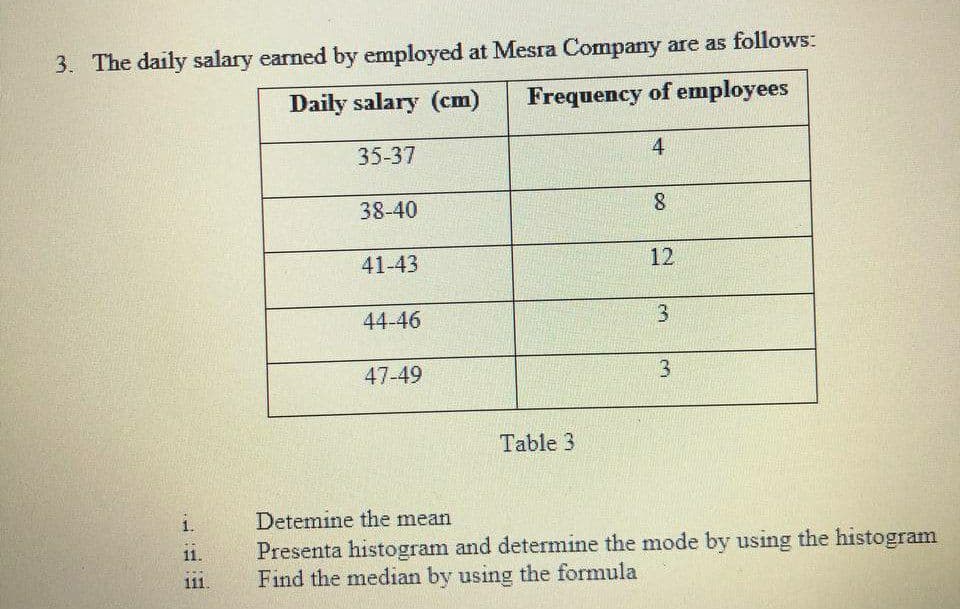 3. The daily salary earned by employed at Mesra Company are as follows:
Frequency of employees
Daily salary (cm)
4
35-37
38-40
12
41-43
44-46
47-49
Table 3
1.
Detemine the mean
Presenta histogram and determine the mode by using the histogram
Find the median by using the formula
11.
111.
3.
