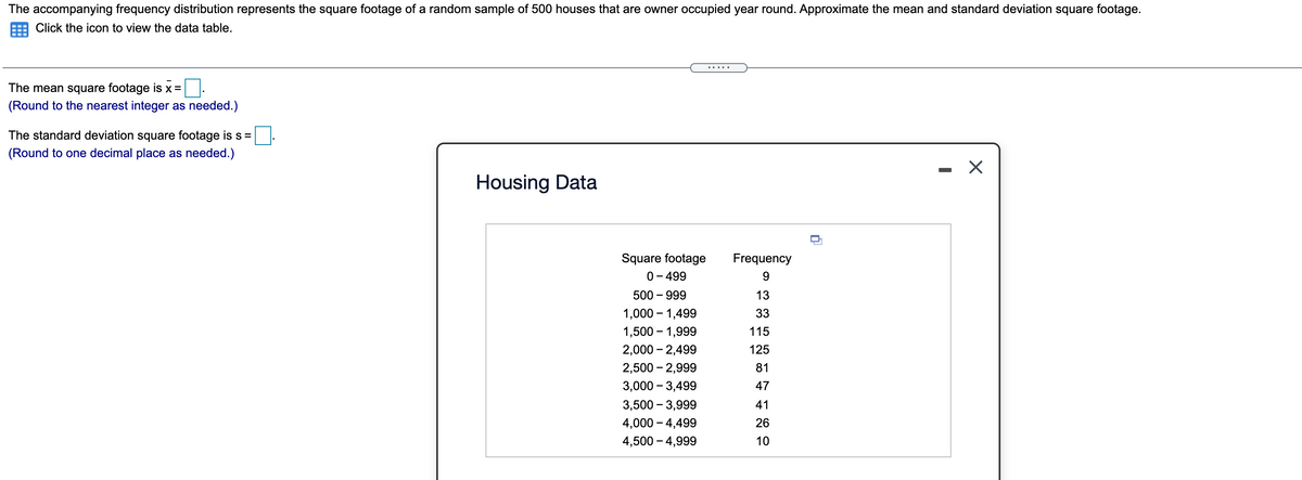 The accompanying frequency distribution represents the square footage of a random sample of 500 houses that are owner occupied year round. Approximate the mean and standard deviation square footage.
Click the icon to view the data table.
....
The mean square footage is x=
(Round to the nearest integer as needed.)
The standard deviation square footage is s =
(Round to one decimal place as needed.)
- X
Housing Data
Square footage
Frequency
0- 499
9
500 – 999
13
1,000 – 1,499
33
1,500 – 1,999
115
2,000 - 2,499
125
2,500 – 2,999
81
3,000 – 3,499
47
3,500 – 3,999
41
4,000 – 4,499
26
4,500 – 4,999
10
