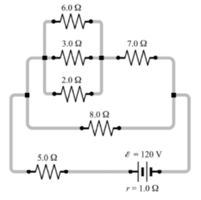 6.0 2
3.0 Ω
7.0 Ω
2.0 2
8.0 2
5.0 2
E = 120 V
r = 1.0 Q
