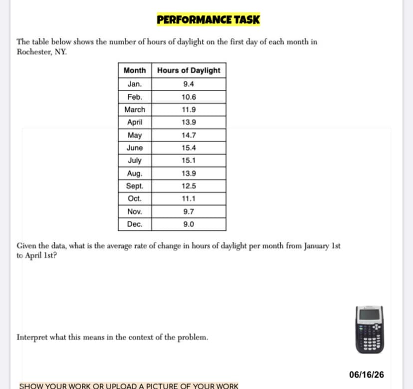 PERFORMANCE TASK
The table below shows the number of hours of daylight on the first day of each month in
Rochester, NY.
Month Hours of Daylight
Jan.
9.4
Feb.
10.6
March
11.9
April
13.9
May
14.7
June
15.4
July
15.1
Aug.
13.9
Sept.
12.5
Oct.
11.1
Nov.
9.7
Dec.
9.0
Given the data, what is the average rate of change in hours of daylight per month from January Ist
to April 1st?
Interpret what this means in the context of the problem.
06/16/26
SHOW YOUR WORK OR UPLOAD A PICTURE OF YOUR WORK
