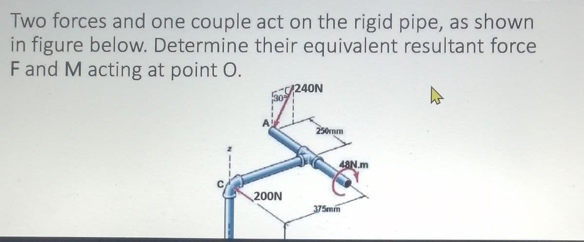 Two forces and one couple act on the rigid pipe, as shown
in figure below. Determine their equivalent resultant force
F and M acting at point O.
C
200N
240N
250mm
48N.m
375mm