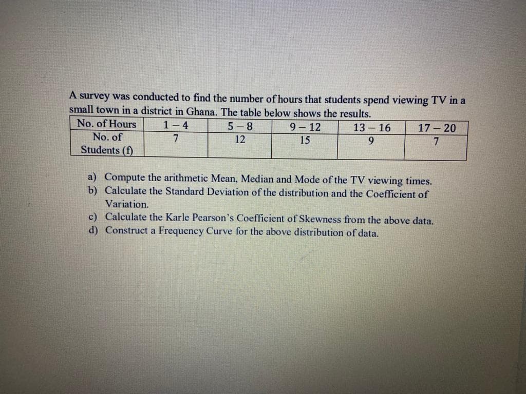 A survey was conducted to find the number of hours that students spend viewing TV in a
small town in a district in Ghana. The table below shows the results.
No. of Hours
1- 4
5 -8
9 – 12
13 – 16
17 - 20
No. of
7
12
15
9.
Students (f)
a) Compute the arithmetic Mean, Median and Mode of the TV viewing times.
b) Calculate the Standard Deviation of the distribution and the Coefficient of
Variation.
c) Calculate the Karle Pearson's Coefficient of Skewness from the above data.
d) Construct a Frequency Curve for the above distribution of data.
