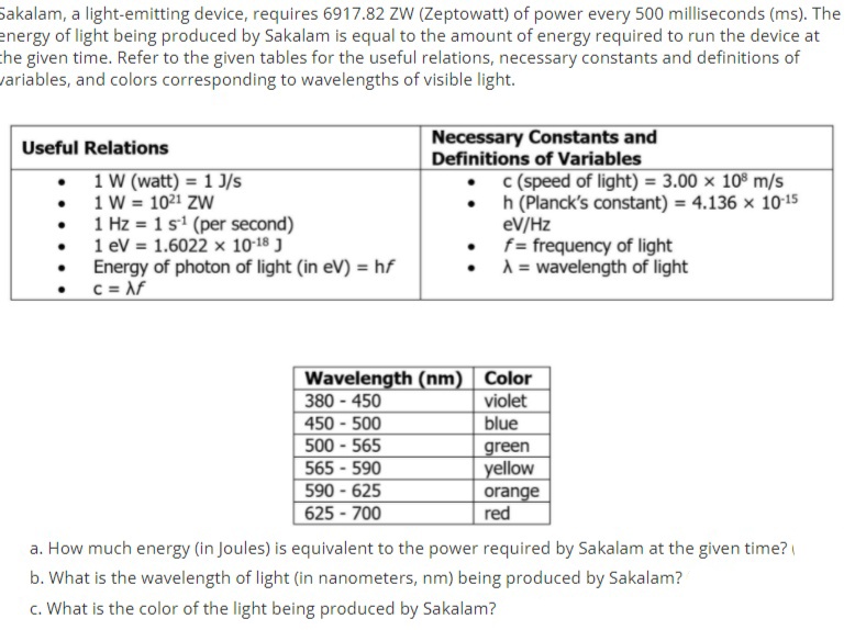 Sakalam, a light-emitting device, requires 6917.82 ZW (Zeptowatt) of power every 500 milliseconds (ms). The
energy of light being produced by Sakalam is equal to the amount of energy required to run the device at
che given time. Refer to the given tables for the useful relations, necessary constants and definitions of
variables, and colors corresponding to wavelengths of visible light.
Necessary Constants and
Definitions of Variables
Useful Relations
1 W (watt) = 1 J/s
1 W = 1021 ZW
1 Hz = 1 s' (per second)
1 ev = 1.6022 x 1018 J
Energy of photon of light (in eV) = hf
C = Af
c (speed of light) = 3.00 × 10° m/s
h (Planck's constant) = 4.136 x 1015
eV/Hz
f = frequency of light
A = wavelength of light
Wavelength (nm) Color
violet
blue
380 - 450
450 - 500
500 - 565
565 - 590
green
yellow
590 - 625
625 - 700
orange
red
a. How much energy (in Joules) is equivalent to the power required by Sakalam at the given time?
b. What is the wavelength of light (in nanometers, nm) being produced by Sakalam?
c. What is the color of the light being produced by Sakalam?
