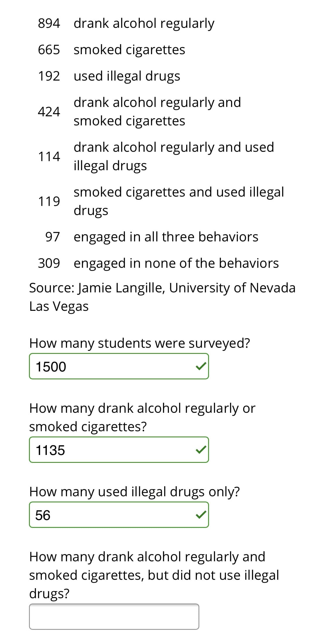 894 drank alcohol regularly
665 smoked cigarettes
192 used illegal drugs
drank alcohol regularly and
smoked cigarettes
424
drank alcohol regularly and used
illegal drugs
114
smoked cigarettes and used illegal
119
drugs
97 engaged in all three behaviors
309 engaged in none of the behaviors
Source: Jamie Langille, University of Nevada
Las Vegas
How many students were surveyed?
1500
How many drank alcohol regularly or
smoked cigarettes?
1135
How many used illegal drugs only?
56
How many drank alcohol regularly and
smoked cigarettes, but did not use illegal
drugs?
