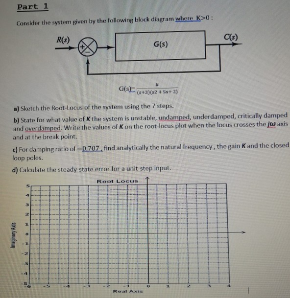 Part 1
Consider the system given by the following block diagram where K>0:
R(s)
C(s)
G(s)
G(s)
(s+3)(s2 + Sst 2)
a) Sketch the Root-Locus of the system using the 7 steps.
b) State for what value of K the system is unstable, undamped, underdamped, critically damped
and overdamped. Write the values of K on the root locus plot when the locus crosses the jw axis
and at the break point.
c) For damping ratio of 0.707, find analytically the natural frequency, the gain K and the closed
loop poles.
d) Calculate the steady-state error for a unit-step input.
