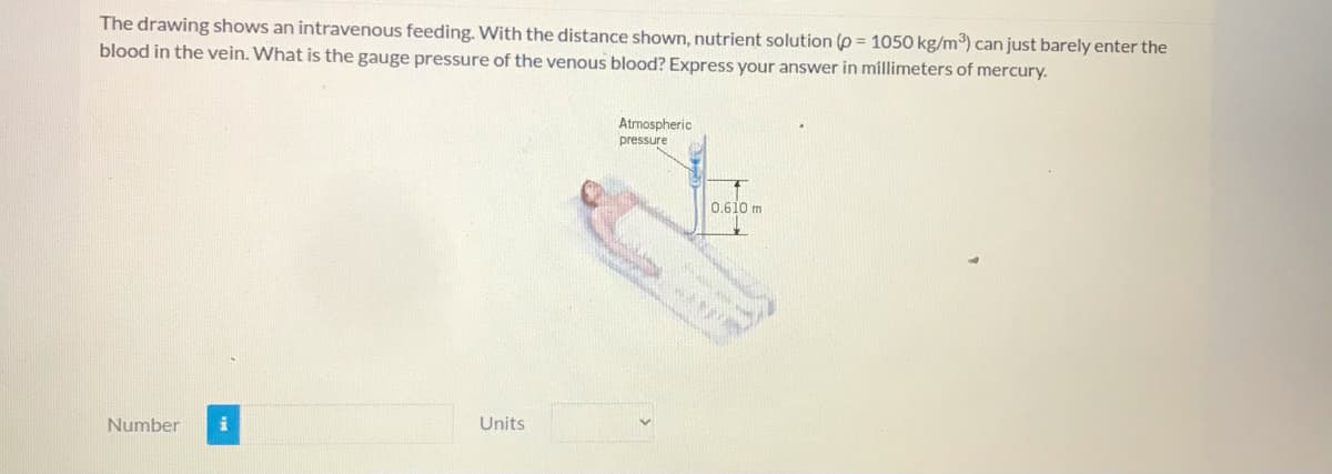 The drawing shows an intravenous feeding. With the distance shown, nutrient solution (p = 1050 kg/m³) can just barely enter the
blood in the vein. What is the gauge pressure of the venous blood? Express your answer in millimeters of mercury.
Atmospheric
pressure
0.610 m
Number
i
Units
