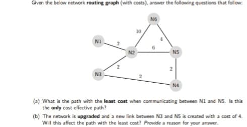 Given the below network routing graph (with costs), answer the following questions that follow:
N6
10
N1
N2
N5
N3
N4
(a) What is the path with the least cost when communicating between NI and N5. Is this
the only cost effective path?
(b) The network is upgraded and a new link between N3 and N5 is created with a cost of 4.
Will this affect the path with the least cost? Provide a reason for your answer.
