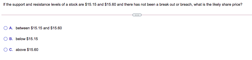 If the support and resistance levels of a stock are $15.15 and $15.60 and there has not been a break out or breach, what is the likely share price?
O A. between $15.15 and $15.60
O B. below $15.15
O C. above $15.60
