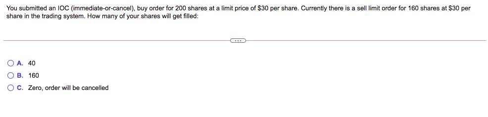 You submitted an 1OC (immediate-or-cancel), buy order for 200 shares at a limit price of $30 per share. Currently there is a sell limit order for 160 shares at $30 per
share in the trading system. How many of your shares will get filled:
O A. 40
O B. 160
O C. Zero, order will be cancelled
