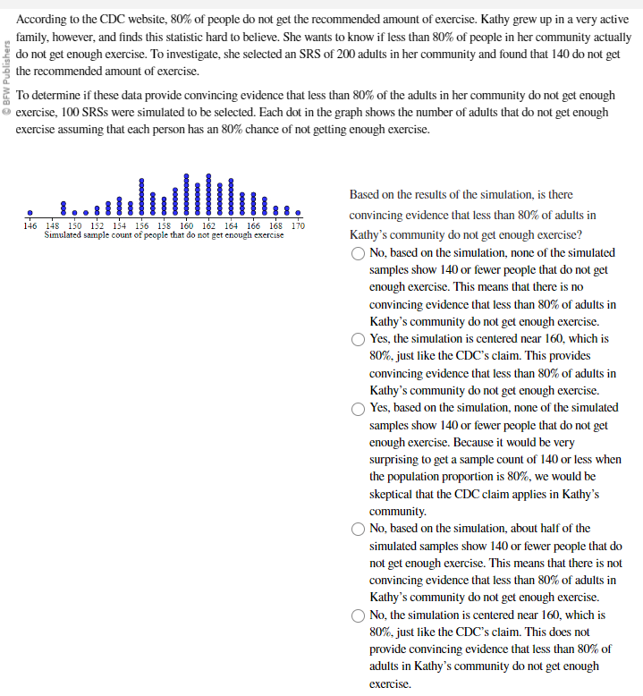 ⒸBFW Publishers
According to the CDC website, 80% of people do not get the recommended amount of exercise. Kathy grew up in a very active
family, however, and finds this statistic hard to believe. She wants to know if less than 80% of people in her community actually
do not get enough exercise. To investigate, she selected an SRS of 200 adults in her community and found that 140 do not get
the recommended amount of exercise.
To determine if these data provide convincing evidence that less than 80% of the adults in her community do not get enough
exercise, 100 SRSs were simulated to be selected. Each dot in the graph shows the number of adults that do not get enough
exercise assuming that each person has an 80% chance of not getting enough exercise.
146 148 150 152 154 156 158 160 162 164 166 168 170
Simulated sample count of people that do not get enough exercise
Based on the results of the simulation, is there
convincing evidence that less than 80% of adults in
Kathy's community do not get enough exercise?
O No, based on the simulation, none of the simulated
samples show 140 or fewer people that do not get
enough exercise. This means that there is no
convincing evidence that less than 80% of adults in
Kathy's community do not get enough exercise.
Yes, the simulation is centered near 160, which is
80%, just like the CDC's claim. This provides
convincing evidence that less than 80% of adults in
Kathy's community do not get enough exercise.
Yes, based on the simulation, none of the simulated
samples show 140 or fewer people that do not get
enough exercise. Because it would be very
surprising to get a sample count of 140 or less when
the population proportion is 80%, we would be
skeptical that the CDC claim applies in Kathy's
community.
No, based on the simulation, about half of the
simulated samples show 140 or fewer people that do
not get enough exercise. This means that there is not
convincing evidence that less than 80% of adults in
Kathy's community do not get enough exercise.
No, the simulation is centered near 160, which is
80%, just like the CDC's claim. This does not
provide convincing evidence that less than 80% of
adults in Kathy's community do not get enough
exercise.