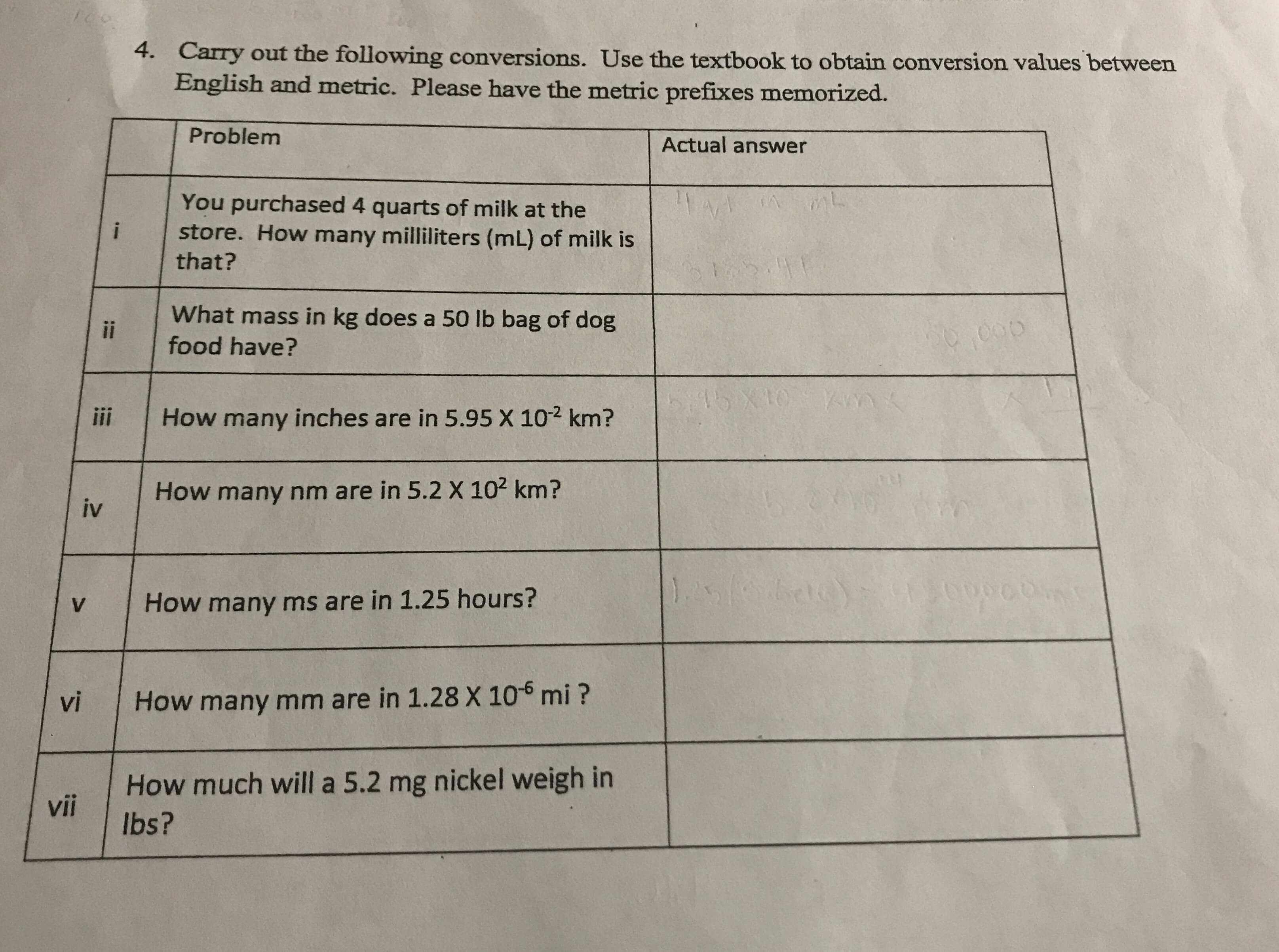 Fo
4. Carry out the following conversions. Use the textbook to obtain conversion values between
English and metric. Please have the metric prefixes memorized.
Problem
Actual answer
You purchased 4 quarts of milk at the
store. How many milliliters (mL) of milk is
that?
What mass in kg does a 50 lb bag of dog
food have?
ii
01X 9179
Yvnn
ii
How many inches are in 5.95 X 102 km?
How many nm are in 5.2 X 102 km?
iv
1. Tae
How many ms are in 1.25 hours?
V
vi
How many mm are in 1.28 X 105 mi?
How much will a 5.2 mg nickel weigh in
vii
lbs?
