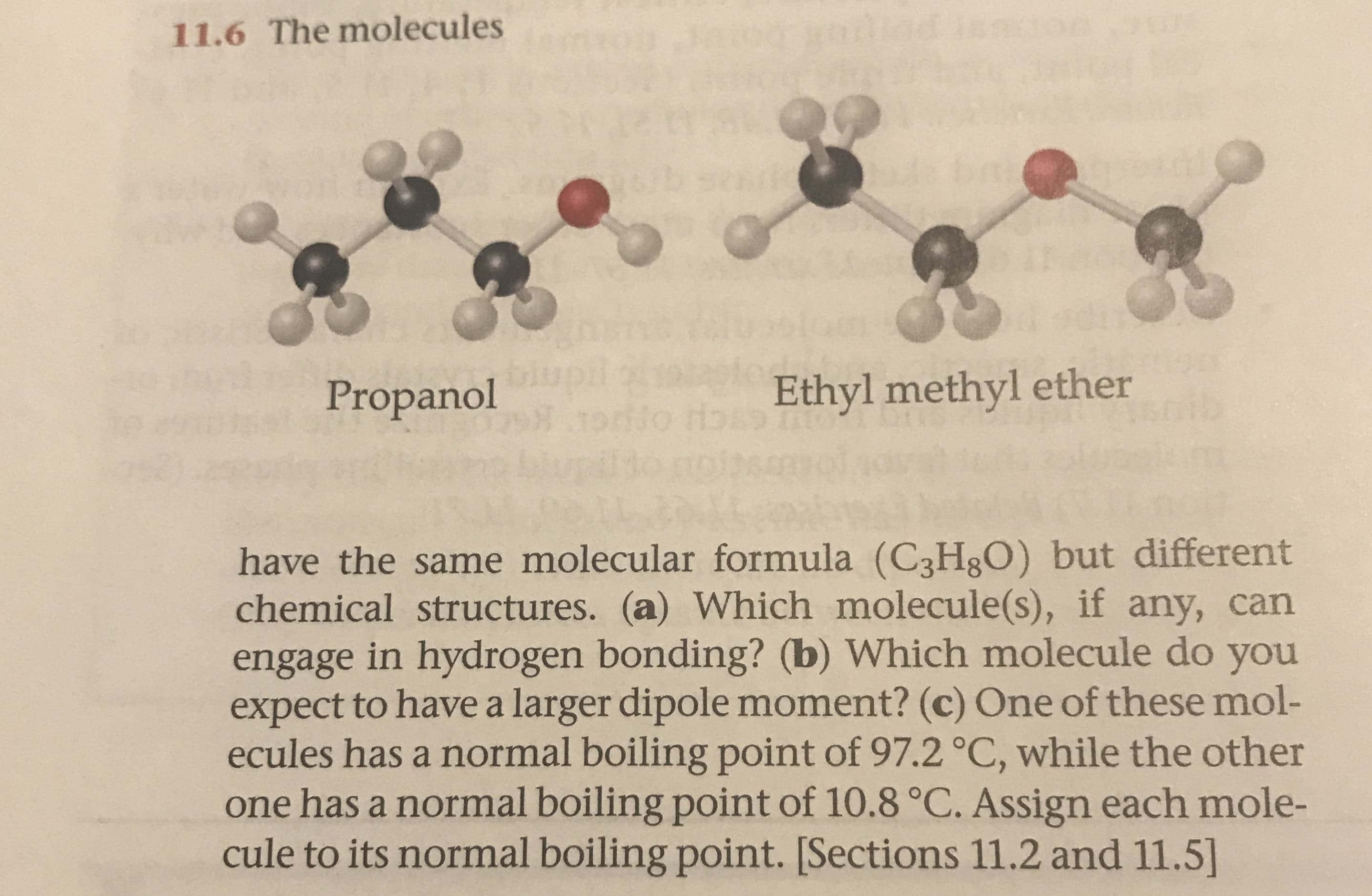 11.6 The molecules
Ethyl methyl ether
Propanol
have the same molecular formula (C3H8O) but different
chemical structures. (a) Which molecule (s), if any, can
engage in hydrogen bonding? (b) Which molecule do you
expect to have a larger dipole moment? (c) One of these mol-
ecules has a normal boiling point of 97.2 °C, while the other
one has a normal boiling point of 10.8 °C. Assign each mole-
cule to its normal boiling point. [Sections 11.2 and 11.5]
