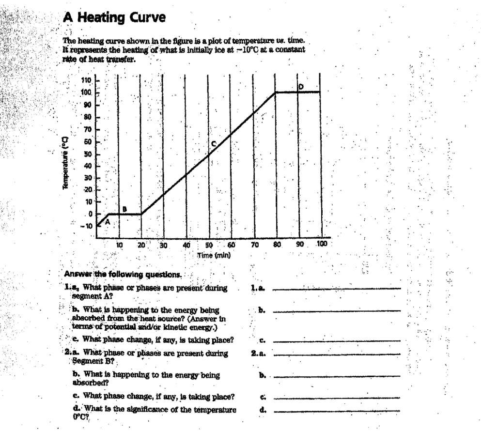 A Heating Curve
The heating curve shown in the figure is a plot of temperature us. tíme.
It represents theé heating of what is initially ice at -10°C at a constant
rate of heat transfer.
110
10.
90
80
70
60
50
40
30
20.
10
-10
10
20
40
50 . 60
70
80
90
100
Time (min)
Answer the following questions. :
La, What phäse or phases are present during
segment A?
1.a.
b. What is happering to the energy beng
absorbed fröm the heat source? (Answer in
terms of potential and/or kinetic energy.)
e. What phase change, if any, is taking place?
:2.a. What phse or phases are present during
Şegment B? :
C.
2.а.
b. What is happening to the energy being
absorbed?
b.
c. What phase change, if any, is taking place?
d. What is the significance of the temperature
Temperature (°)
